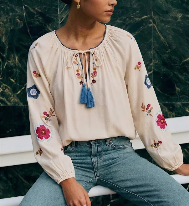 top Embroidered Peasant Blouse with Balloon Sleeves New York & Company $51.99