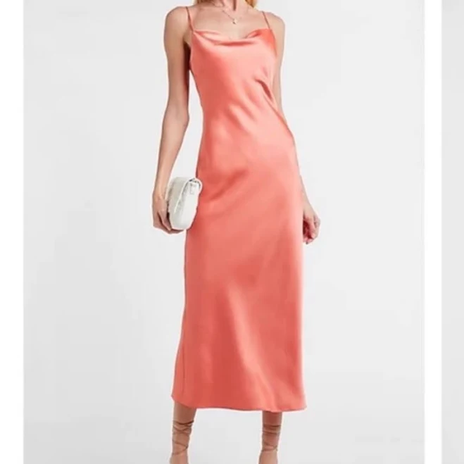 dress Express Dresses | Express- Satin Cowl Neck Midi Slip Dress In Coral Peach | Color: Pink | Size: S | Hopelemoine's Closet Poshmark $70