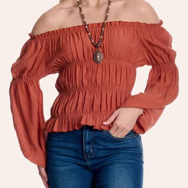 top Fashion Express Women's Off The Shoulder Smocked Bell Sleeve Top Cavender's Boot City Western Store $39