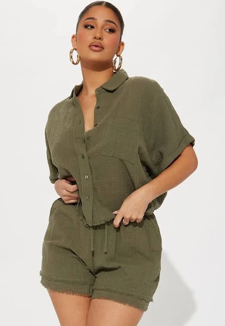 two piece set Fashion Nova Conjunto de Short Easy Breezy Linen Button Up Shirt Fashion Nova $35.99