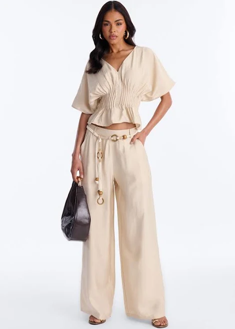 matching set Fashion Nova Linen Short Sleeve Blouse and Pant Set Fashion Nova $38.5