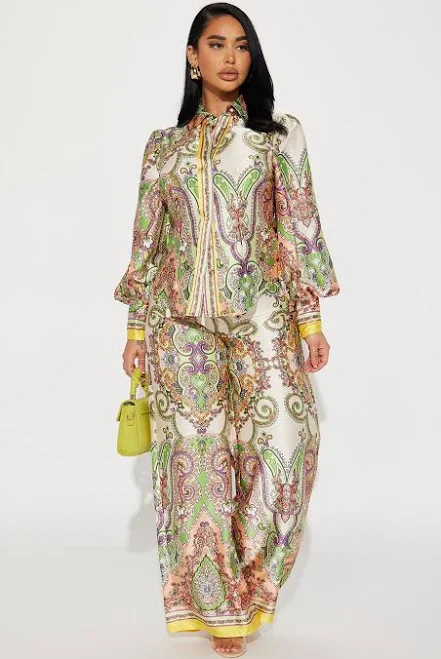 outfits Fashion Nova Long Sleeve Satin Button Up Shirt Wide Leg Pant Set Fashion Nova $59.99