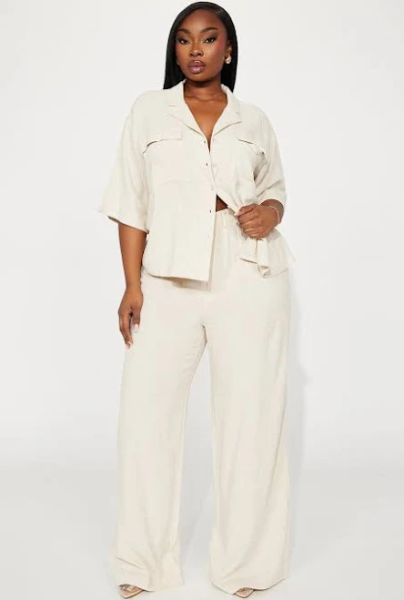 matching set Fashion Nova Short Sleeve Linen Button Up Shirt Wide Leg Pant Set Size Fashion Nova $30.99