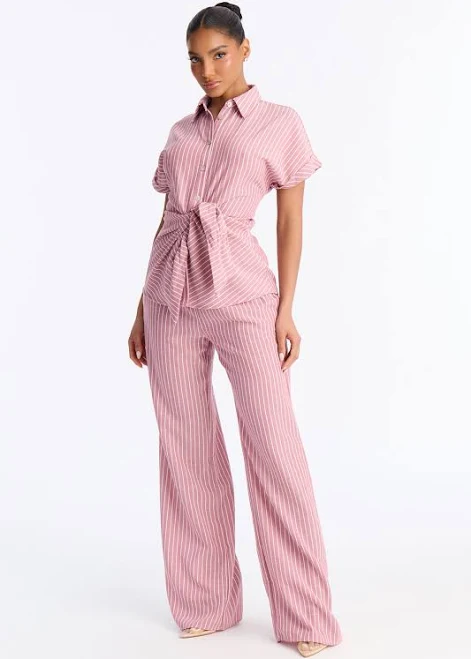 outfits Fashion Nova Tie Front Linen Button Up Shirt and Wide Leg Pant Set Fashion Nova $39.99