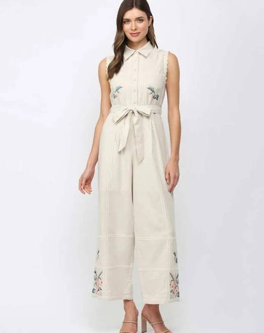 jumpsuit Fate Hannah Linen Jumpsuit with Floral Embroidery Casual Camel Boutique $91