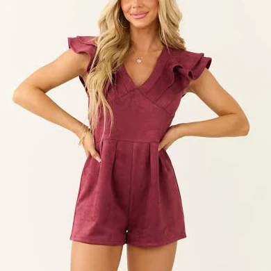 romper Faux Suede Ruffle Sleeve V Neck Romper Lime Lush $46.95