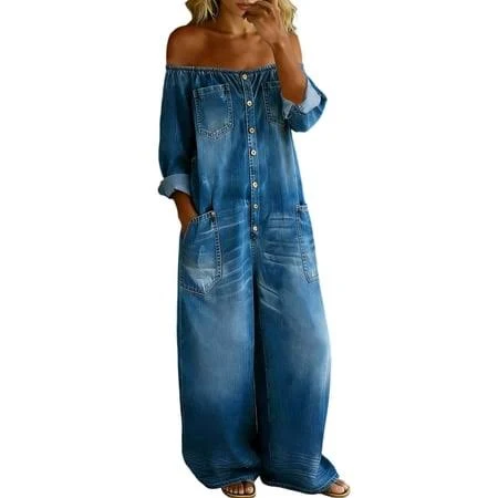 jumpsuit Finalgang Womens Washed Solid Color Denim Off The Shoulder Wide Leg Jumpsuit Button Down Front Multiple Pockets Long Sleeve Oversized Casual Walmart - insistmatt $37.98