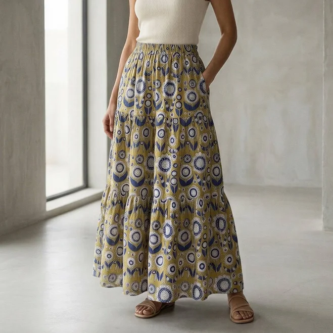 maxi skirt Floral Block Print Cotton Maxi Tier Skirt SeamsFriendly $85