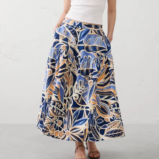 skirt Floral Print Linen-Blend Tiered Midi Skirt Banana Republic Factory $60