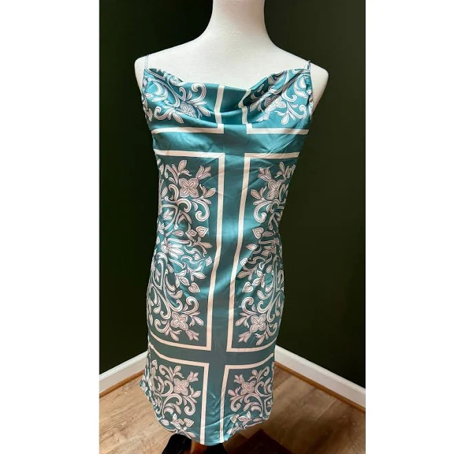 dress Forever 21 Teal & White Geometric Print Cowl Neck Spaghetti Strap Mini eBay - whatafindcollective $11.2