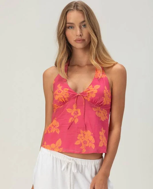 crop top Full Tilt Hibiscus Womens Halter Top - Pink Combo - Size: XXS Tillys $29.99