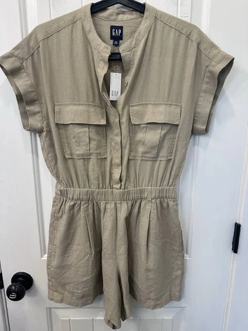 romper Gap Linen-blend Utility Romper - Khaki Safari Vacation Coastal Grandma eBay $48