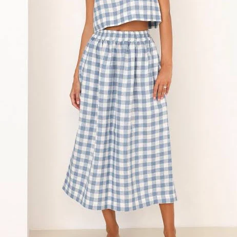 skirt Gingham Linen High Waisted Midi Skirt with Pockets Etsy - Seller $135.5