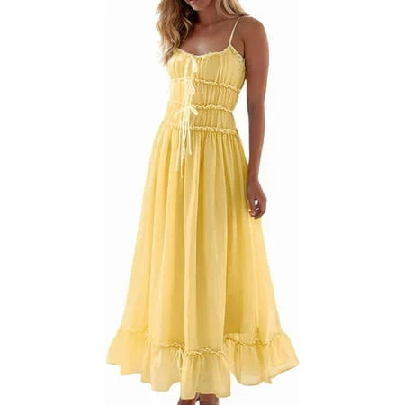 dress Gioobbt Women's Summer Extra Long Dresses Spaghetti Straps Y2k Cute Ruffles Tiered Wedding Dresses Holiday Cruise Resort Sets Walmart - Gioobbt $38.99