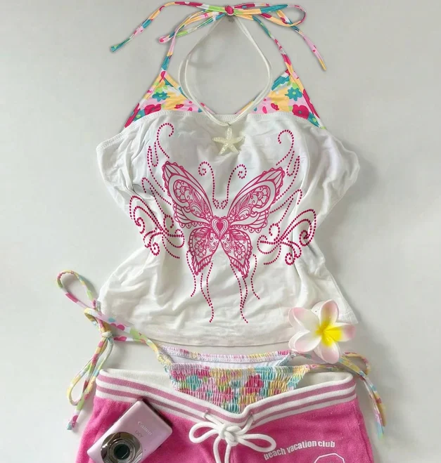 top Glimmora Y2k Butterfly Print Halter Neck Backless Top Shein $4.04