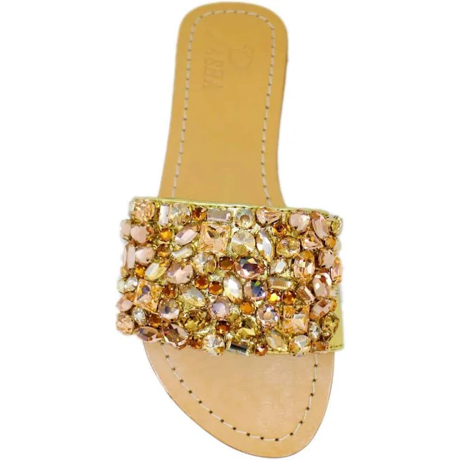 shoes Gold Jeweled Leather Sandal Slides | Pasha EU 41 (USA 10-10.5) / Golden Shadow - Gold / PSF16220111 pashajewelrysandals.com $199