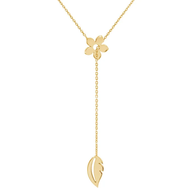 accessory Gold Lariat Style Necklace with a Flower and a Leaf Tales In Gold $380
