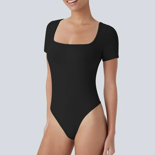 top Halara Ribbed Knit Square Neck Short Sleeve Skinny Bodysuit halara $39.95