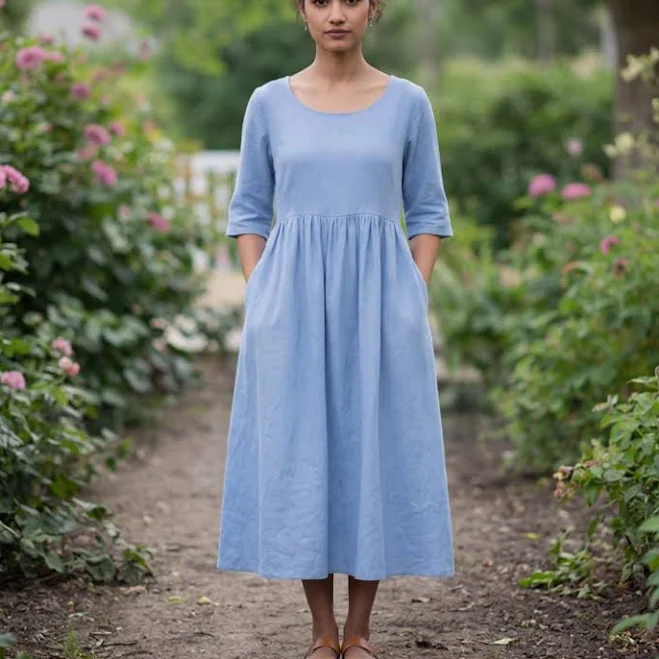 dress Handmade Linen Empire Waist Midi Dress with Half Sleeves and Pockets Etsy - Seller $54.9