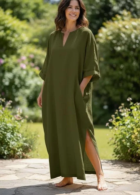 cover up Handmade Linen Kaftan Maxi Dress with Pockets Etsy - Seller $55.5