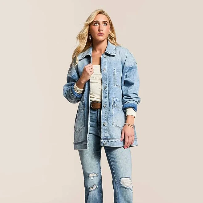 outerwear Hidden Women's Oversized Trucker Denim Jacket Buckle $79.99