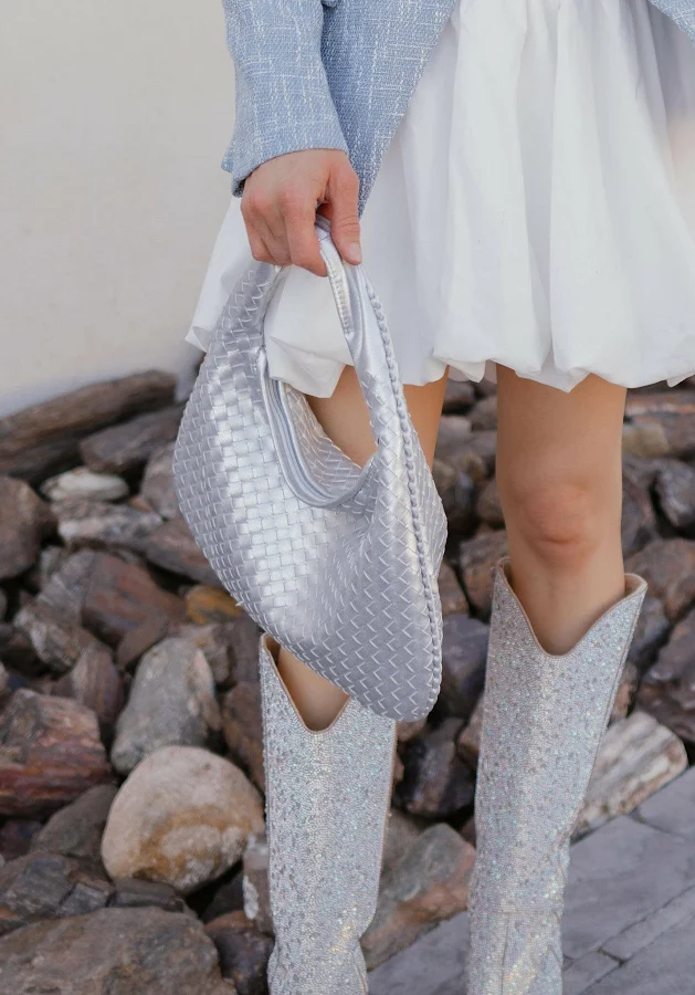 bag Hobo Bag in Metallic Silver Woven Vegan Leather Krush Kandy $68