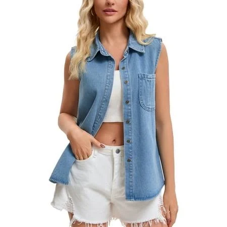 sleeveless top Inspire Chic Women's Sleeveless Denim Button Down Shirt with Pockets Walmart - Tasharina Corp $27.99
