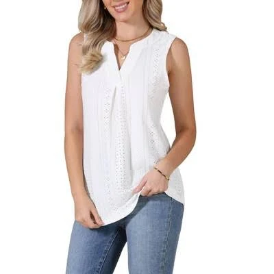 blouses INSPIRE CHIC Women's Summer Eyelet Embroidery Sleeveless V Neck Loose Fit Casual Work Blouses Target $18.99