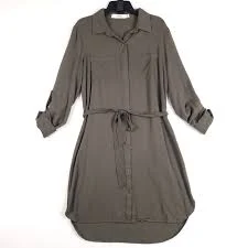 dress Justfab Shirt Dress Women's Button Front Midi Olive Green Long Sleeve Roll Tab eBay $17.2