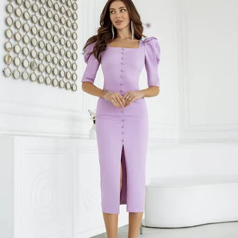 dress Lavender Puff Sleeve Midi Dress Elagia $124.99
