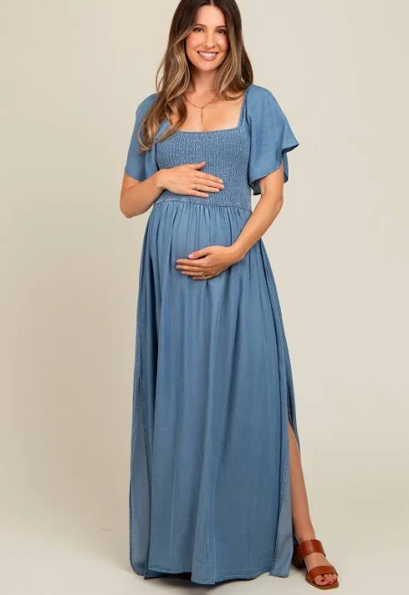 dress Light Blue Chambray Smocked Maternity Maxi Dress PinkBlush Maternity $82