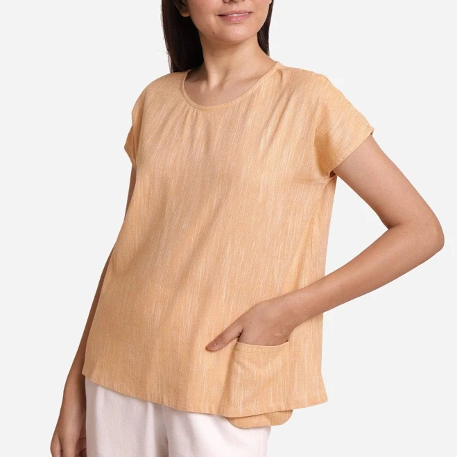 top Light Yellow 100% Cotton Boat-Neck A-Line Top SeamsFriendly $39