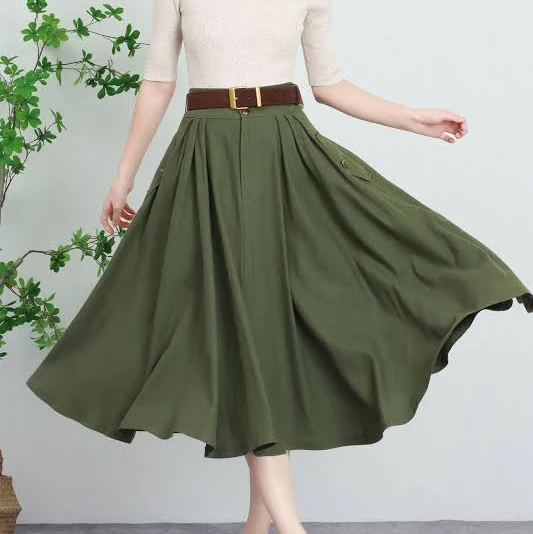 skirt Linen Summer Midi High-Waisted Skirt | Olive Green A-Line 5729 Handmade by Xiaolizi Etsy - xiaolizi $71.1