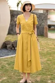 dress Linen V-Wrap Midi Dress with Belt XiaoLizi $109