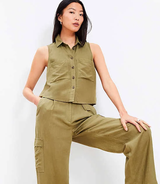 top Loft Women's Linen Blend Sleeveless Pocket Shirt LOFT $20.2