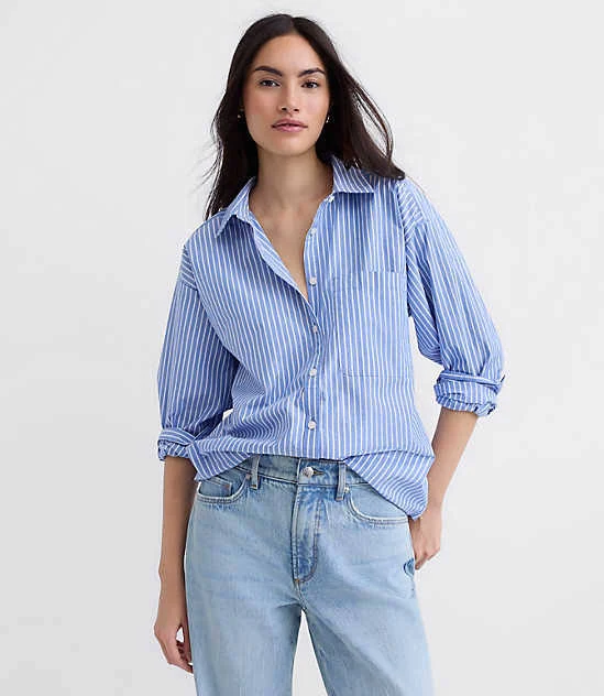 button down shirt Loft Women's Oversized Striped Poplin Shirt with Pocket LOFT $31.48
