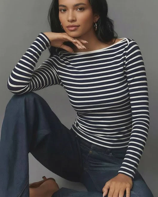 top Long Sleeve Striped Boat Neck Knit Top New York & Company $25.99