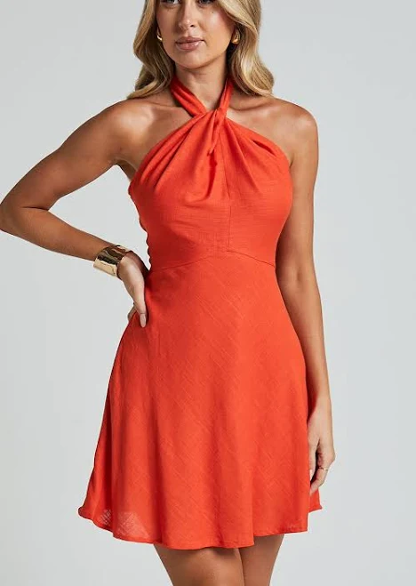 dress Louie Halter Neck Linen Mini Dress Showpo $39