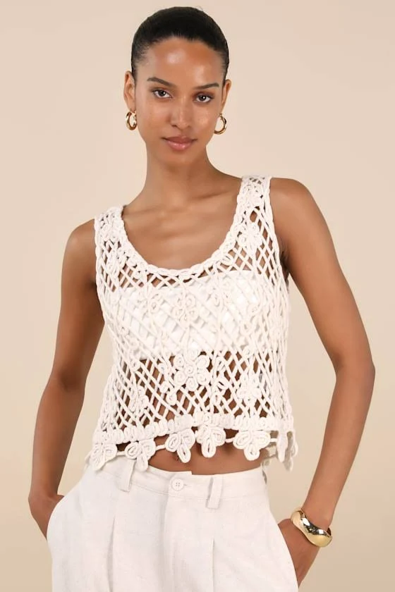 top Lulus Cotton Sheer Crochet Knit Tank Top Lulus $29