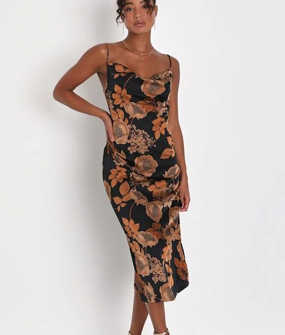 dress Lulus Floral Satin Cowl Neck Slip Midi Dress Lulus $55.2