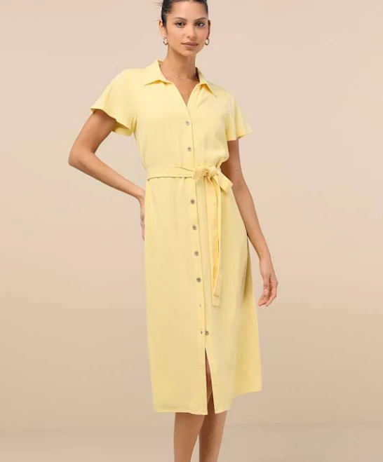 dress Lulus Linen Button-Up Short Sleeve Midi Dress Womens Lulus $69