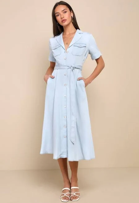 dress Lulus Women's Chambray Collared Midi Dress with Pockets Lulus $69