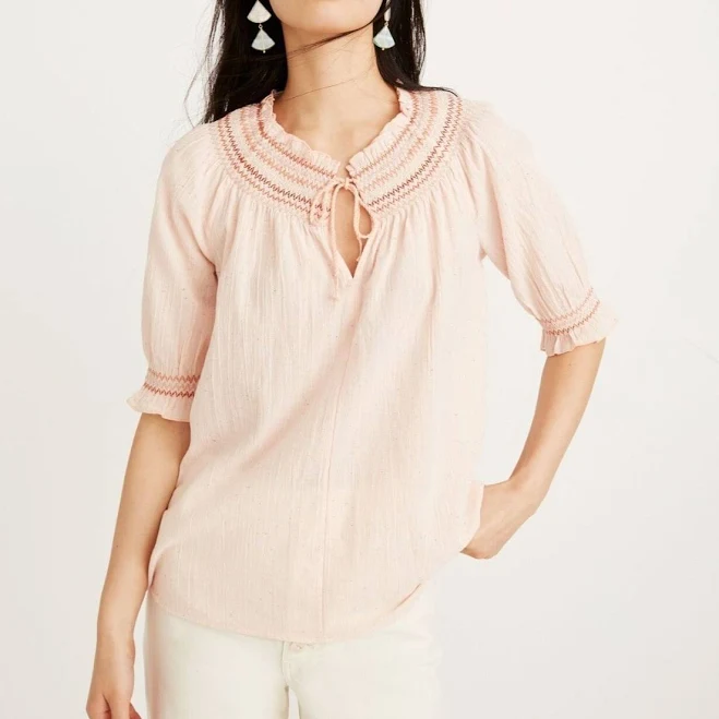 top Madewell Tops | Madewell Smocked Peasant Top Sz Xxl Blush Pink Embroidered Cottagecore Prairie | Color: Pink | Size: 2x | Sequenceshoes's Closet Poshmark $18