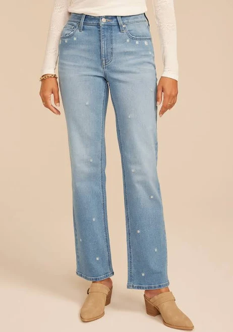jeans maurices Women's Daisy Embroidered High Rise Relaxed Straight Jeans Maurices $34.99