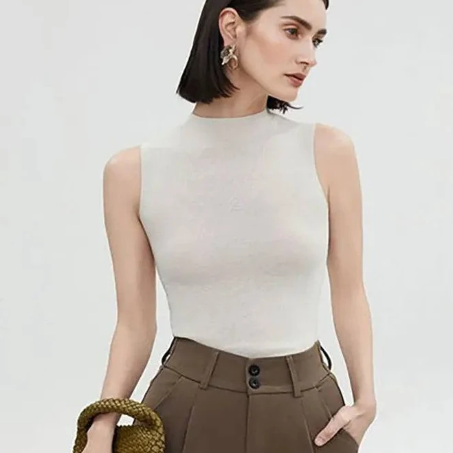 top Merino Wool Seamless Knit Mock-Neck Tank Fibflx $78