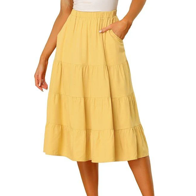 skirt Midi Solid Elastic Waist Flare Tiered Long Pockets A-Line Skirt Kohl's $40.99