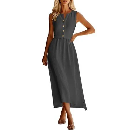 dress Miluxas Women's Linen Blend V-Neck Midi Dress with Pockets Walmart - YangJinLian $20.89