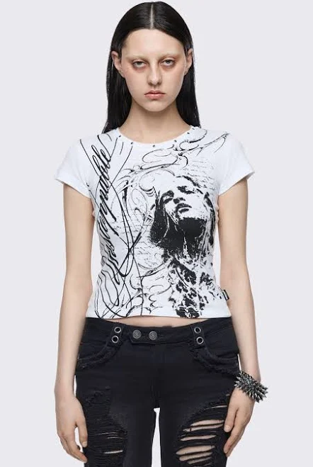 top Minga London Slim Fit Goth Graphic Baby Tee Minga London US $50