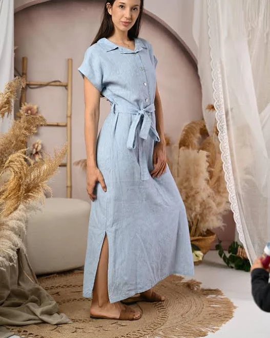 dress Minimalist Linen Button Front Dress with Side Slits Etsy - Seller $169