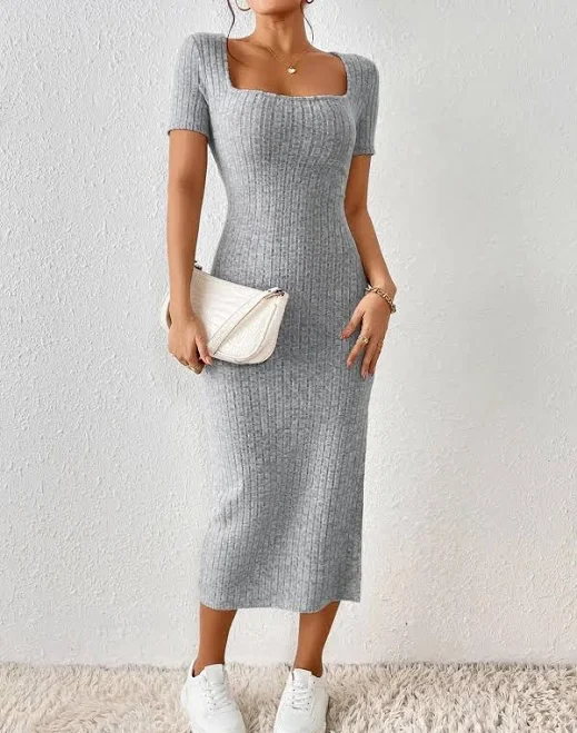dress Minimalist Ribbed Knit Midi Dress with Pencil Slit Etsy - Seller $46.49
